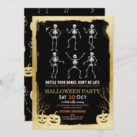 Pumpkins Skeleton Halloween Bones Party 招待状 (正面/裏面)