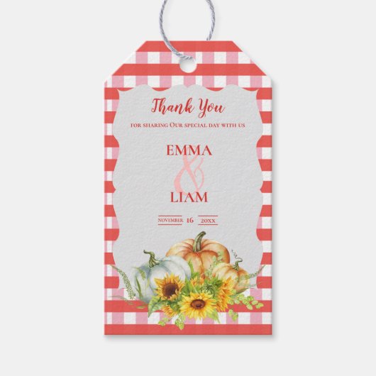 Pumpkins Sunflowers Rustic Fall Wedding Thank You ギフトタグ (正面)