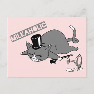 Pun Illustrationかわいい猫の男爵  "Milkaholic " ポストカード
