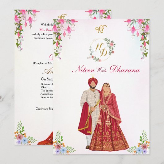 Punjabi Sikh Wedding Anand Karaj Gurudwara Card 招待状 (正面/裏面)