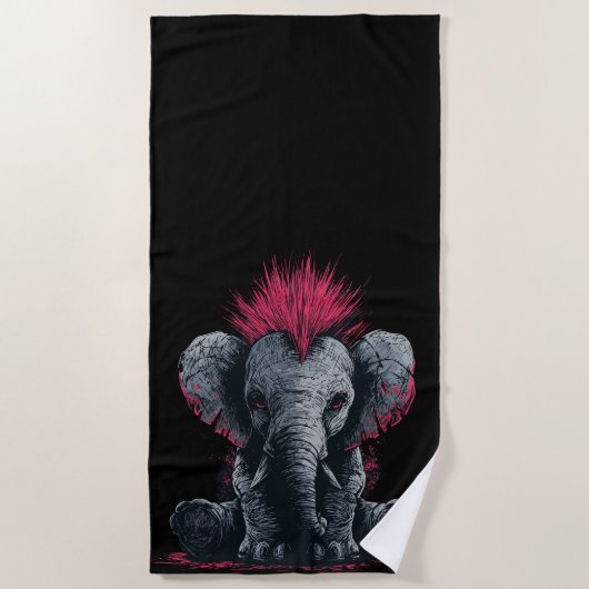 Punk Elephant Art – Mohawk Animal Design ビーチタオル (正面)
