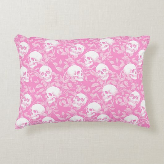 Punk girly Gothic pink skulls & foliage Halloween アクセントクッション (正面)
