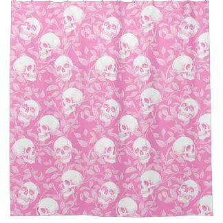 Punk girly Gothic pink skulls & foliage Halloween シャワーカーテン
