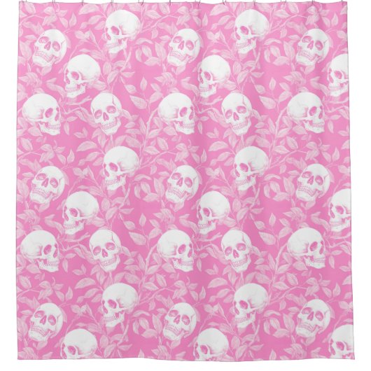 Punk girly Gothic pink skulls & foliage Halloween シャワーカーテン (正面)