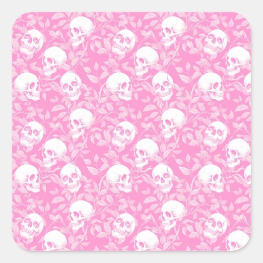 Punk girly Gothic pink skulls & foliage Halloween スクエアシール (正面)