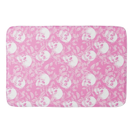 Punk girly Gothic pink skulls & foliage Halloween バスマット (正面)