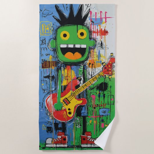 Punk Guitar Monster Graffiti Art ビーチタオル (正面)