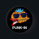 PUnk-in Funny Punk Rock Pumpkin Pun Dark BG 缶バッジ<br><div class="desc">PUnk-in Funny Punk Rock Pumpkin Pun features a punk rock pumpkin looking real cool with his electric guitar and blue spiked hair. Funny Pun gift for family and friends love punk rock,  pumpkins and puns.</div>