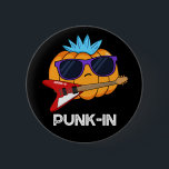 PUnk-in Funny Punk Rock Pumpkin Pun Dark BG 缶バッジ<br><div class="desc">PUnk-in Funny Punk Rock Pumpkin Pun features a punk rock pumpkin looking real cool with his electric guitar and blue spiked hair. Funny Pun gift for family and friends love punk rock,  pumpkins and puns.</div>
