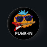 PUnk-in Funny Punk Rock Pumpkin Pun Dark BG 缶バッジ<br><div class="desc">PUnk-in Funny Punk Rock Pumpkin Pun features a punk rock pumpkin looking real cool with his electric guitar and blue spiked hair. Funny Pun gift for family and friends love punk rock,  pumpkins and puns.</div>