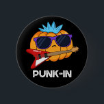 PUnk-in Funny Punk Rock Pumpkin Pun Dark BG 缶バッジ<br><div class="desc">PUnk-in Funny Punk Rock Pumpkin Pun features a punk rock pumpkin looking real cool with his electric guitar and blue spiked hair. Funny Pun gift for family and friends love punk rock,  pumpkins and puns.</div>