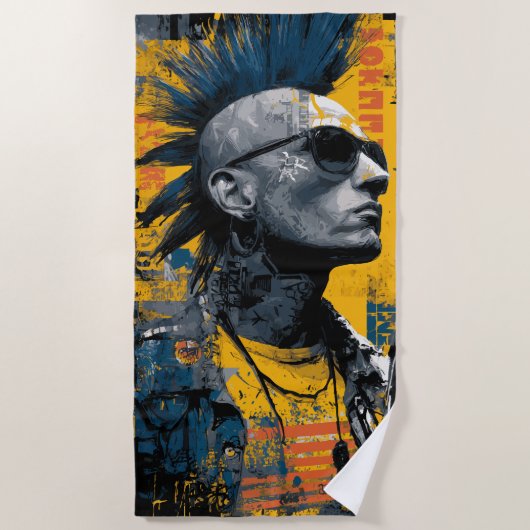 Punk Irokesenfrisur Mohawk Street Art ビーチタオル (正面)