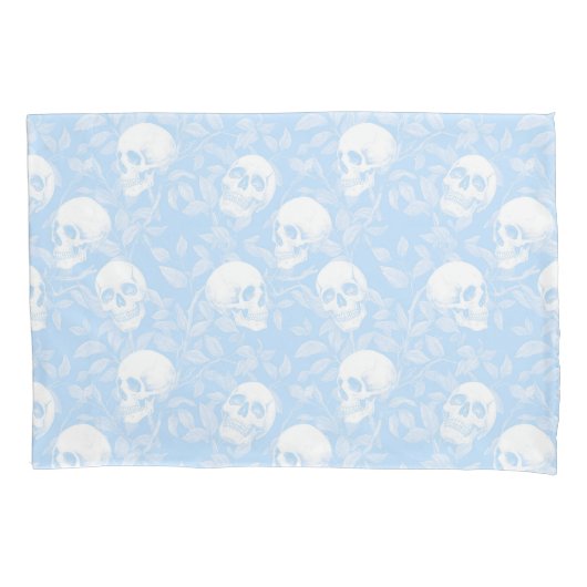Punk pastel blue Gothic skulls & foliage Halloween 枕カバー (正面)