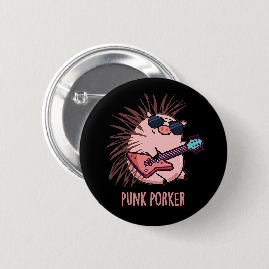 Punk Porker Funny Punk Rocker Pig Pun Dark BG 缶バッジ (正面&裏面)