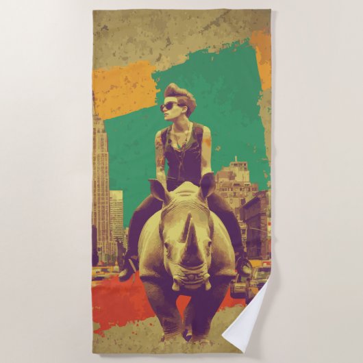 Punk Rider Rhino New York Pop Art ビーチタオル (正面)