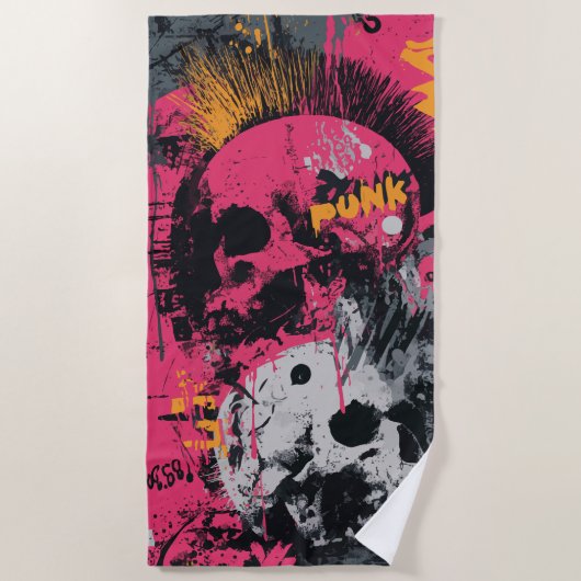 Punk Skull Graffiti Collage in Pink and Yellow ビーチタオル (正面)