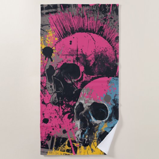 Punk Skull Graffiti Urban Street Art Illustration ビーチタオル (正面)