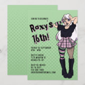 Punk Teen Girl Green Cartoon 16th Birthday 招待状 (正面/裏面)