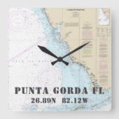Punta Gorda FLの緯度の経度の航海のな図表 スクエア壁時計 (正面)