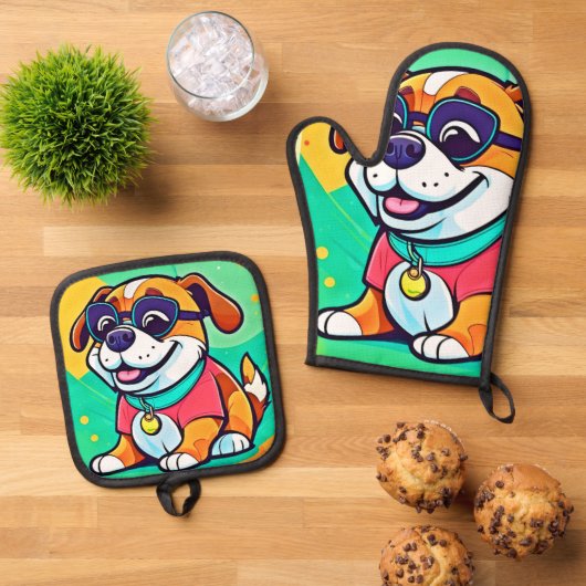 Pup Cartoonクールスタイルアートワーク 鍋つかみ&鍋敷きセット (トップダウン)