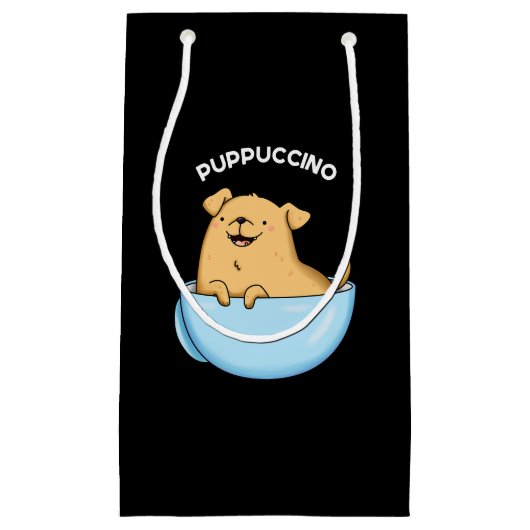 Pup-puccino おもしろい Cappuccino Pun Dark BG スモールペーパーバッグ (正面)