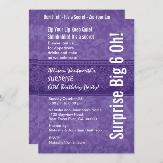 PUPLISE 60歳の誕生パーティー紫と白 招待状 (正面/裏面)