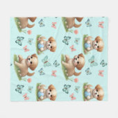 Puppies and Butterflies on Blue フリースブランケット (正面(横))