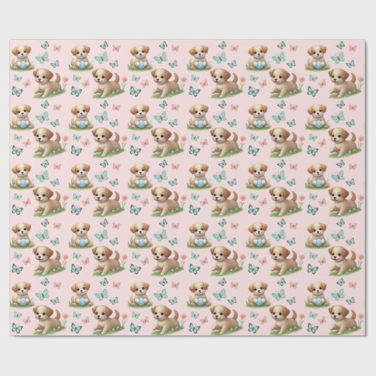Puppies and Butterflies Pattern Baby Bib ラッピングペーパー (フラット)