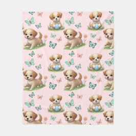 Puppies and Butterflies Pattern Blanket フリースブランケット