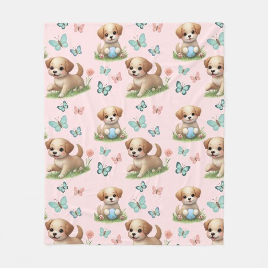 Puppies and Butterflies Pattern Blanket フリースブランケット (正面)