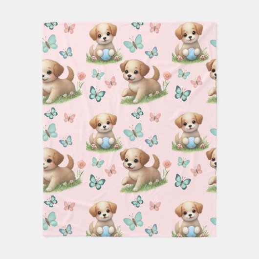 Puppies and Butterflies Pattern Blanket フリースブランケット (正面)