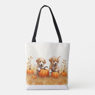 Puppies In Pumpkin Field Tote Bag トートバッグ