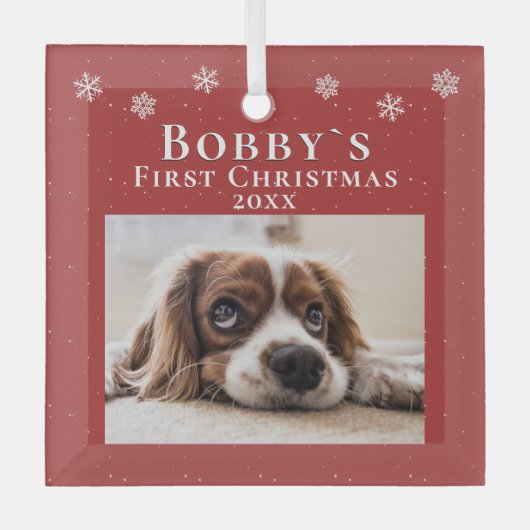 Puppyの第1回クリスマスレッドスノーフレーク写真 ガラスオーナメント (正面)