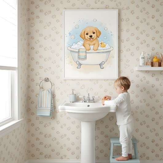 Puppy Bath Time Fun Kids Bathroom Wall Art ポスター