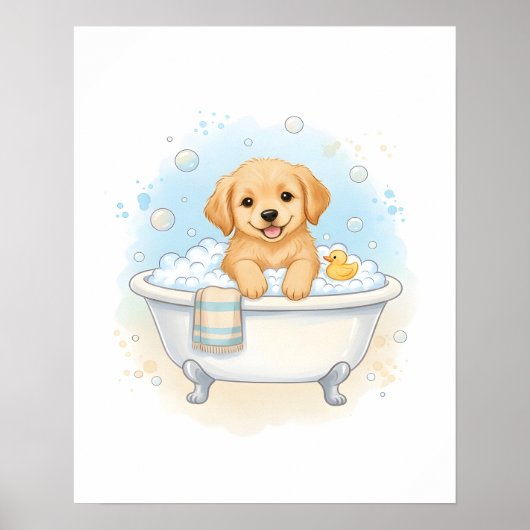 Puppy Bath Time Fun Kids Bathroom Wall Art ポスター (正面)
