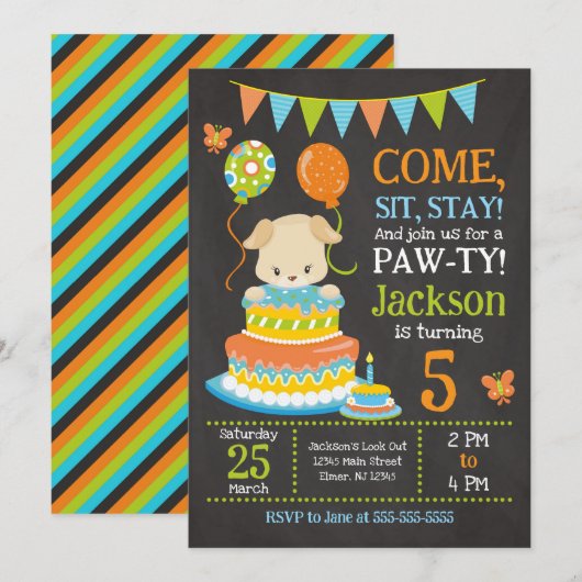 Puppy Birthday Invitation Boy Paw-ty Party 招待状 (正面/裏面)