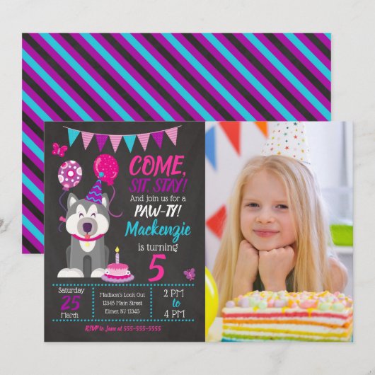 Puppy Birthday Invitation Girl Paw-ty Husky 招待状 (正面/裏面)