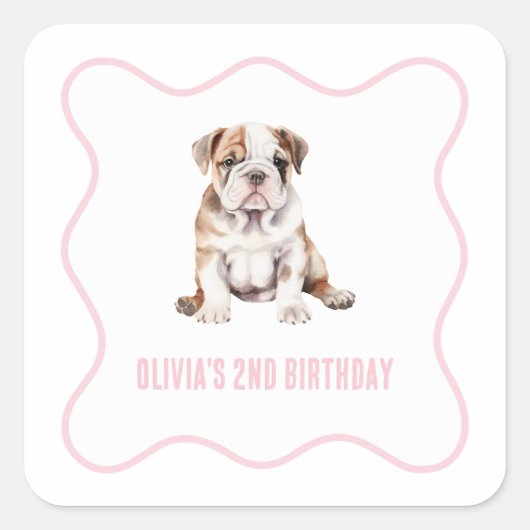 Puppy bulldog preppy pink plaid birthday スクエアシール (正面)