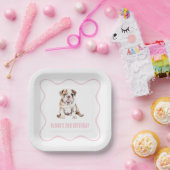 Puppy bulldog preppy pink plaid birthday ペーパープレート (パーティー)