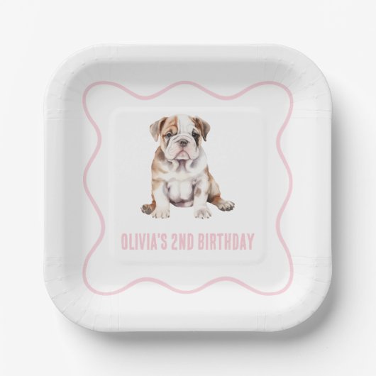 Puppy bulldog preppy pink plaid birthday ペーパープレート (正面)