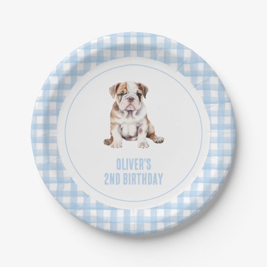 Puppy bulldog preppy plaid birthday ペーパープレート (正面)