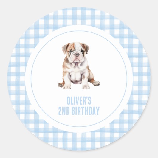 Puppy bulldog preppy plaid birthday ラウンドシール (正面)