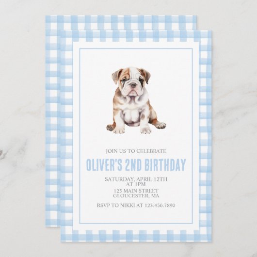 Puppy bulldog preppy plaid birthday 招待状 (正面/裏面)