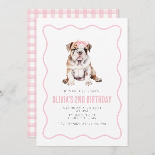 Puppy bulldog preppy plaid birthday invitation 招待状 (正面/裏面)