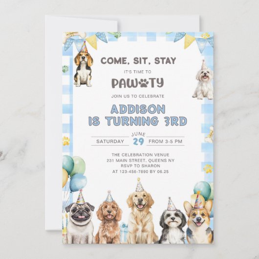 Puppy Calling All Pawty Animals 3rd Birthday 招待状 (正面)