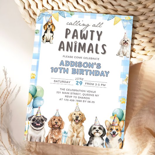 Puppy Calling All Pawty Animals Birthday 招待状