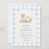 Puppy Dog Blue Gingham Boys Baby Shower 招待状 (正面)