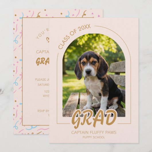 Puppy Graduation Blush Pink Gold Modern Photos 招待状 (正面/裏面)