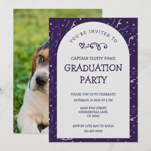 Puppy Graduation Party Deep Plum 招待状 (正面/裏面)