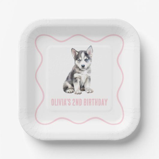 Puppy husky preppy pink plaid birthday ペーパープレート (正面)